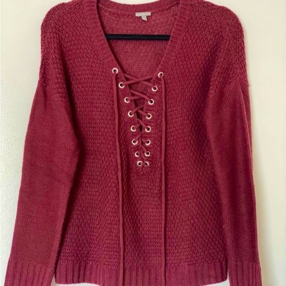 Charlotte Russe Sweaters - Long Sleeve Lace-Up Knit Sweater - Women Size L Burgundy, Wine